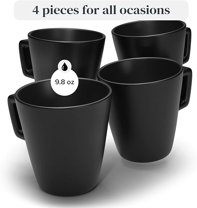 Stoneware coffee mugs set 4 pcs – 10.5 oz matte black ceramic cups – Dishwasher and microwave safe – Stylish large mug set – Dinner service Pure Living
