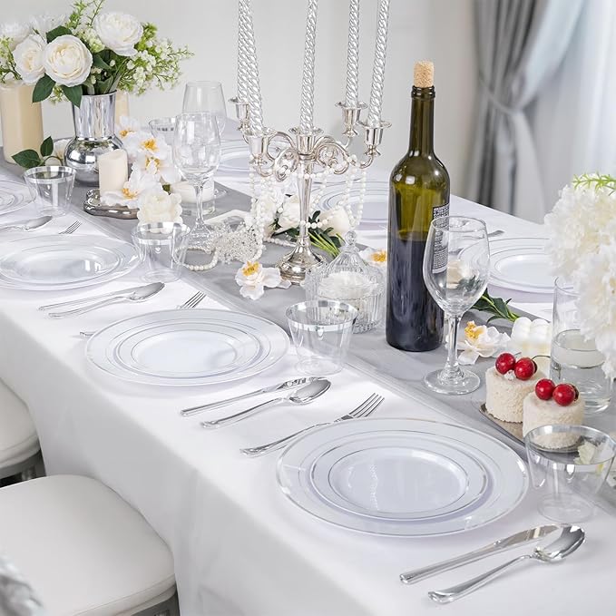 WELLIFE 600 PCS Silver Disposable Dinnerware Set for 100 Guests, Wedding Plates Silver Plastic Plates for Party, 100 Each-Dinner & Salad Plates, Cups, Forks Knives Spoons for Wedding and Anniversary