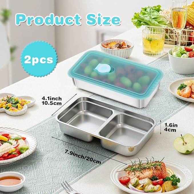 YQL 2 Pack Stainless Steel Food Containers with Lids, Double & Single Compartment Snack Boxes for Kids, Leakproof Reusable Bento Box for Lunch Prep, Travel, School, Camping