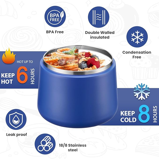 Soup Thermo for Hot Food Kids 14oz Lunch Containers with Buckle Lid Wide Mouth Hot Food Jar Vacuum Insulated Stainless Steel Bento Box Leakproof with Spoon (Light Blue)