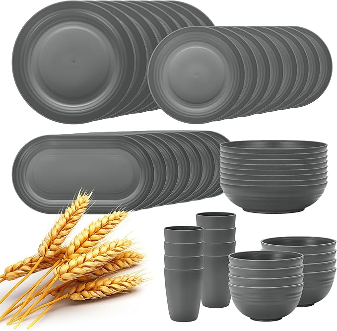 Lazycorner 48-Pcs Kitchen Wheat Straw Dinnerware Set, Service for 8, Plastic Reuasble Dinner Dishes Serving Plate Set for Kitchen, Including Dinner Plate, Dessert Plate, Bowl, Cup(Grey)
