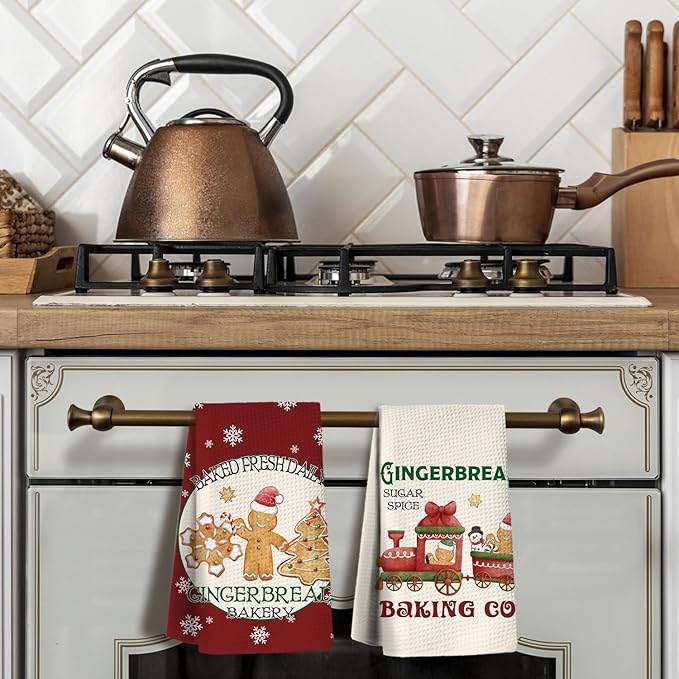 Christmas Gingerbread Kitchen Towels Set of 2,Gingerbread Christmas Decors,Christmas Dish Towels for Kitchen,Christmas Hand Towels for Bathroom,Gifts for Women,Housewarming Gifts 16×24 Inches