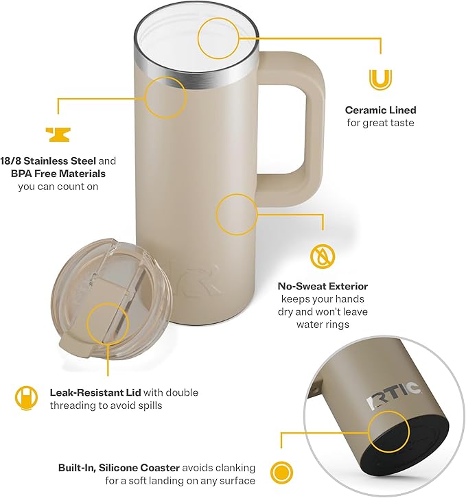 RTIC 20oz Road Trip Travel Mug with Lid and Handle, Ceramic Lined, Insulated, Stainless Steel, Metal, Double Wall Vacuum-Insulation, Portable Coffee, Tea Cup for Hot and Cold Drink, Beach