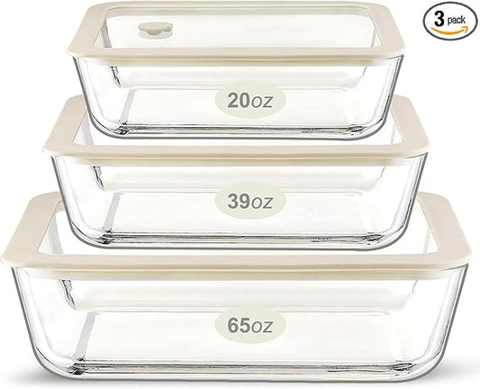 Urban Green Glass Food Container Set with Silicone Glass Lid, Large Size 3 Pack, Meal Prep Food Storage Containers with Airtight Lids, Leakproof, 100% Plastic Free, White color