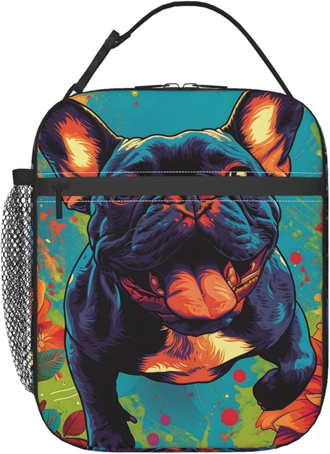 Vibrant French Bulldog Insulated Lunch Box,Colorful Dog Reusable Tote Bag for Puppy Lovers,Pet Pop Art Design Lunchbag,Portable Cooler Lunchboxes for Work School Picnic Travel Hiking Gifts