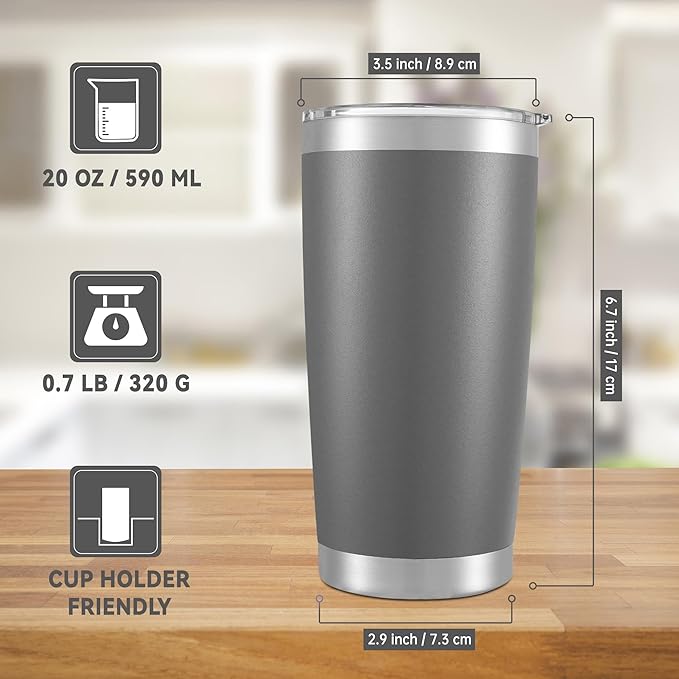 20 oz Tumbler Stainless Steel Tumblers with Lid Double Wall Vacuum Insulated Coffee Mug 20oz Powder Coated Cup for Hot and Cold Drinks, Gray, 1 pack