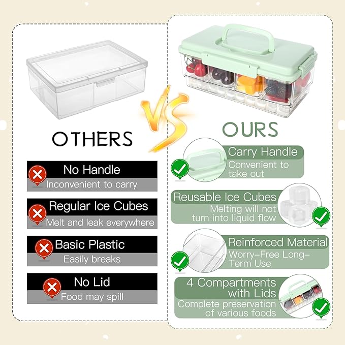 2 Pack Snackle Box Container with Ice Pack Snackle Box Container 4 Compartment Chilled Portable Divided Serving Tray Portable Travel Snack Organizer,Snack Box for Fruits Veggies, Keep Food Cold