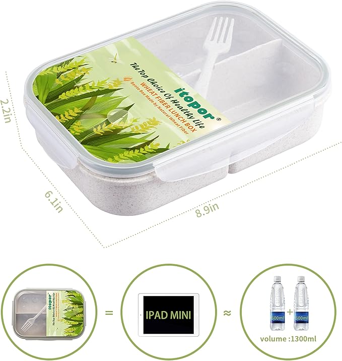 Wheat Fiber Bento Box Adult Lunch Box, Leak-Proof Lunch Containers for Adults Men Women & Kids, 5.5 Cup Regular Size with Utensil, Microwave & Dishwasher Safe, White