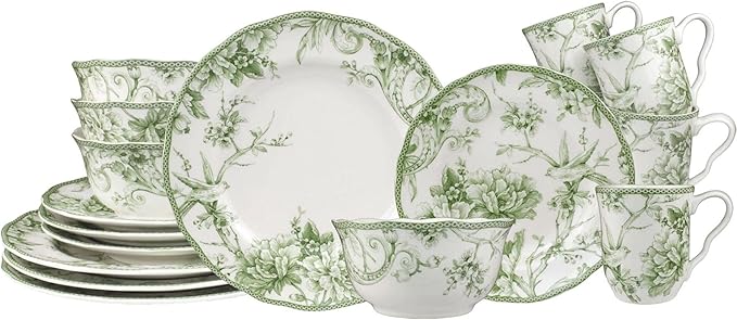222 Fifth Adelaide Moss 16-Piece Porcelain Dinnerware Set – Service for 4, Plates, Bowls & Mugs, Hand-Applied Decal, Microwave & Dishwasher Safe, for Everyday Dining & Entertainment