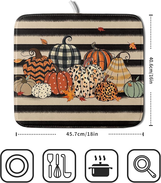 Autumn Pumpkin Dish Drying Mats 16x18 In, Fall Leopard Buffalo Plaid Thanksgiving Halloween Absorbent Microfiber Quick Dry Dishes Drainer Rack Mat for Kitchen Counter Decor