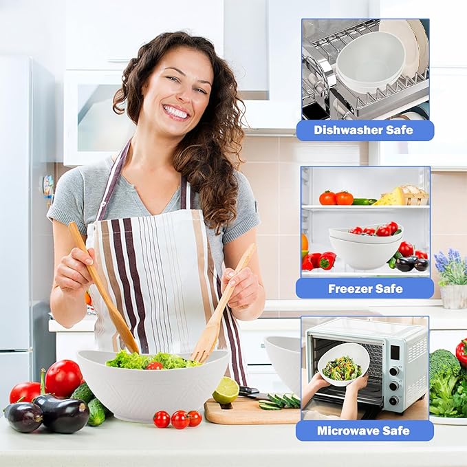 Wrova Wheat Straw Bowls Set of 2 with Textured Pattern,Unbreakable Large Salad Bowls,Plastic Bowls Dishwasher & Microwave,Sturdy and Stackable Kitchen Bowl Sets for Serving,Oatmeal.White