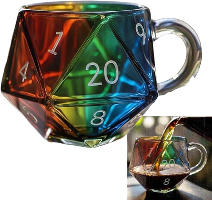 Rainbow D20 Dice Mug with Handle, Polyhedral Dice-Shaped Glass Coffee Cup for RPG Enthusiasts, Transparent Gaming Mug for Fantasy Lovers, Perfect Game Night Gift