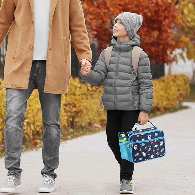 Bagseri Lunch Bag for Boys - Kids Lunch Bag Insulated Leak-Proof and Reusable Kids Lunch Box with Water Bottle Holder Toddler Lunchbox for Daycare and School, Dark Blue Space Astronaut