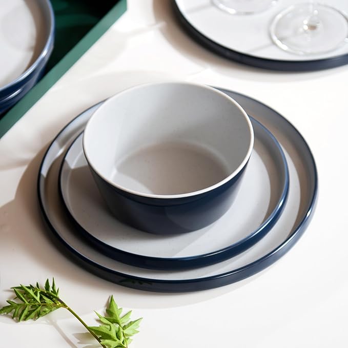 Melamine Dinnerware Sets,Plate and Bowl Set for 4,12 Pcs Dish Set with Lipped Edges,Lightweight and Reusable Dishware Sets for Camping,Dishwasher Safe,Good for Housewarming(Navy Blue,Gray)