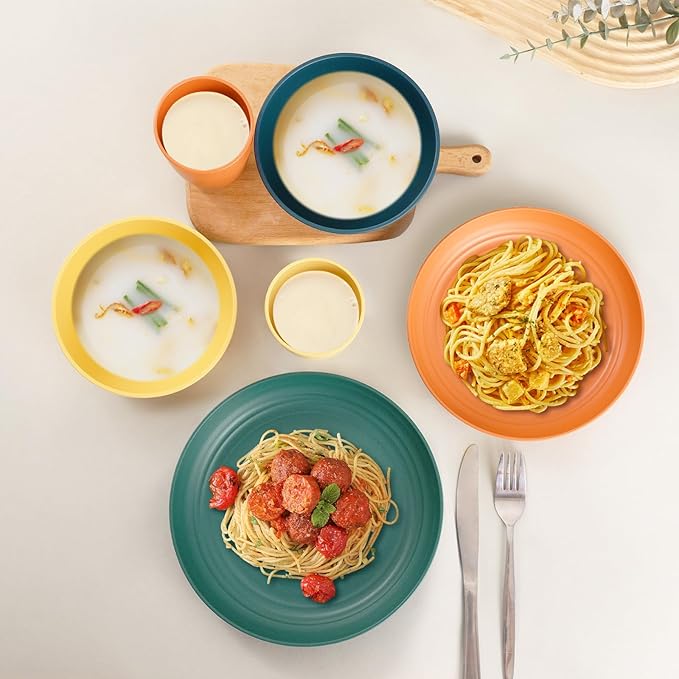 Wheat Straw Dinnerware Sets, Unbreakable Plates and Bowls Sets for 8, Reusable Plastic Plates and Bowls, 32Pcs Dishwasher Microwave Safe Plastic Dishes, Kitchen RV Camping Outdoor