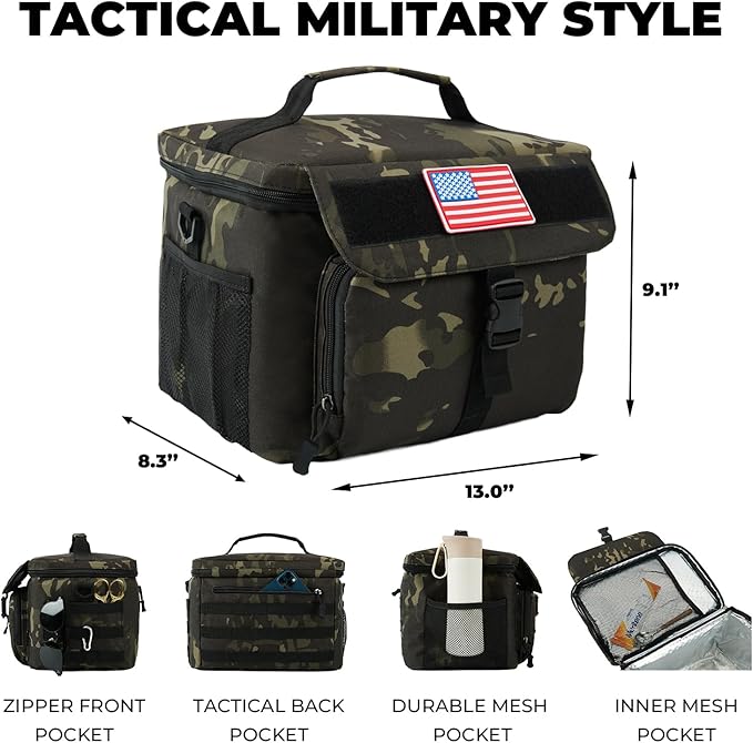 Ronyes Tactical Lunch Box for Men,Large Insulated Lunch Bag with Shoulder Strap,Heavy Duty lunchbox Cooler MOLLE Webbing, Leakproof Pail for Work Camping Fishing-Camo Black