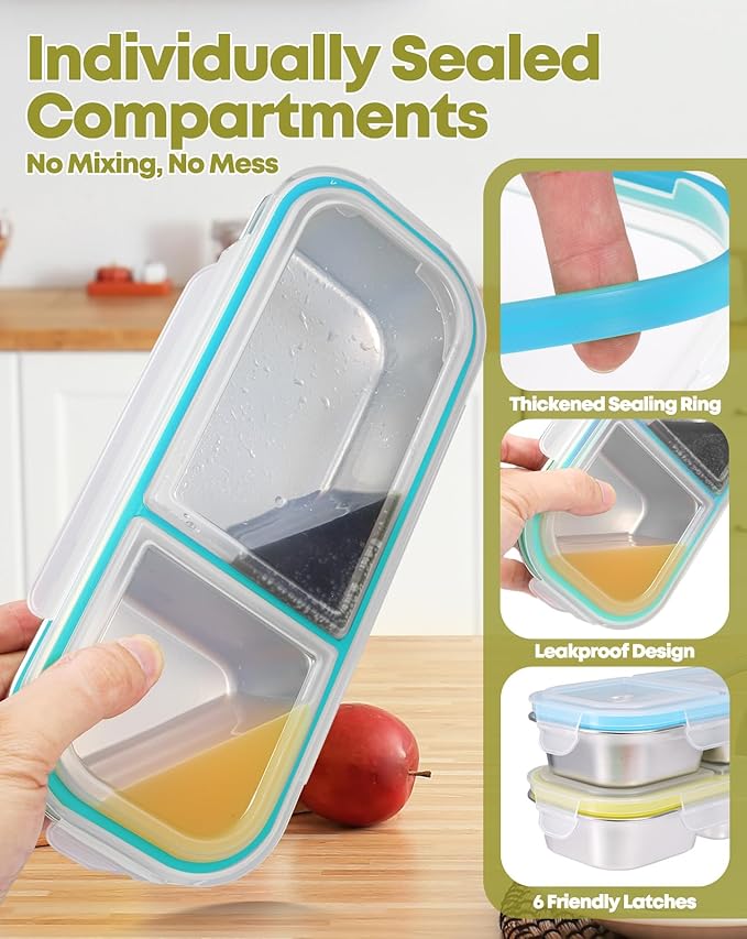 2Pack Stainless Steel Snack Containers for Kids Adults, Reusable 2 Compartment Snackle Box Container with Leakproof Lids Metal Bento Lunch Boxs Food Storage Containers for Travel Picnics Office School
