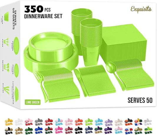 Party Solids 350 Pieces Lime Green Plastic Plates For Party, Lime Green Disposable Plates Set, 50 Of Each 9" Dinner Plate Set, 7" Dessert Plate, Cups, Napkins & Cutlery Plastic Dinnerware