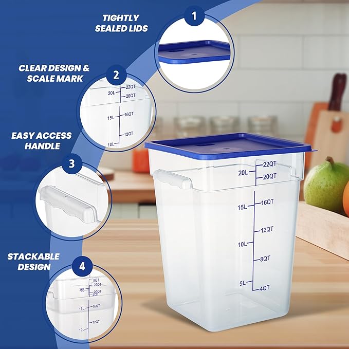4 Pack 22 Quart Food Storage Containers with Lids, Polycarbonate Square Commercial Food Containers, NSF, Clear, New Version