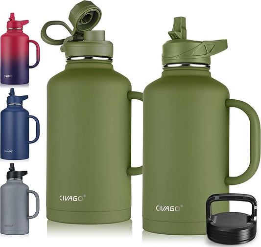 CIVAGO 64 oz Insulated Water Bottle Jug with Straw and Handle, Half Gallon Stainless Steel Water Flask, Large Sports Metal Water Bottle with Straw Lid (3 Lids), Big Thermal Mug Cup, Army Green