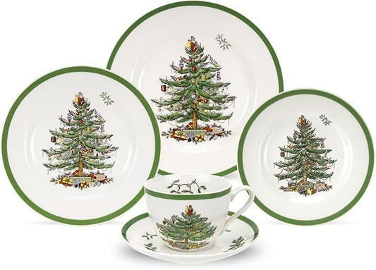 Spode Christmas Tree 5-Piece Holiday Dinnerware Set - Festive Earthenware Tableware with Plates, Teacups, Saucers - Microwave, Dishwasher Safe - Christmas Dinnerware & Holiday Tableware