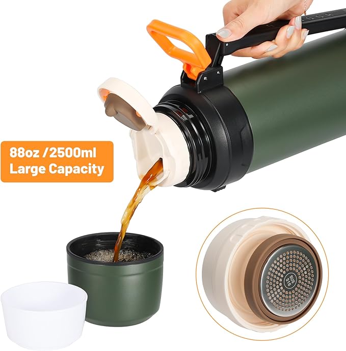 88oz Large Coffee Thermo for Travel, 2500ml Insulated Stainless Steel Water Bottle with Cup and Handle, Water Jug for 24hr Hot and Cold drinks, Vacuum Flask for Camping, Fishing & Working, Olive