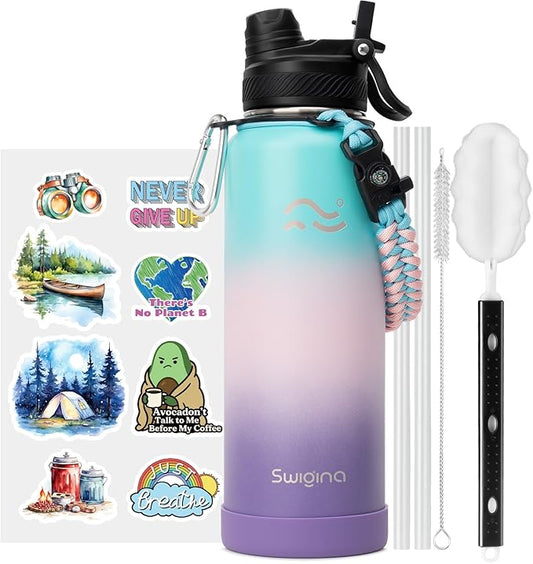 [2-IN-1 LID] Insulated Water Bottle with Silicone Boot (36hrs Cold/18hrs Hot) - DIY Stickers, Leakproof, BPA Free, 40 oz