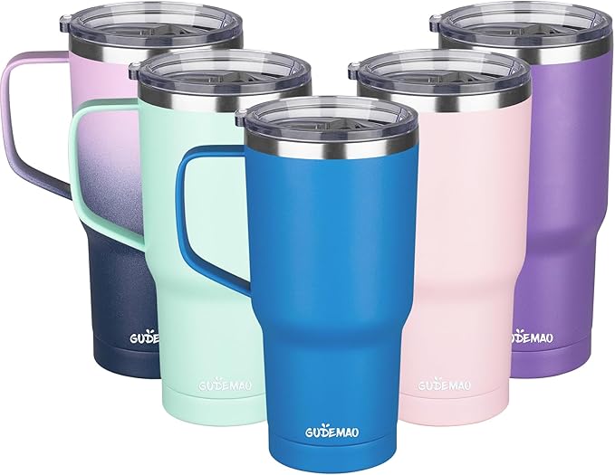 20 oz Insulated Coffee Mug with Ceramic Coating, Stainless Steel Travel Mug Tumbler with Handle Lid and Straw, Double Wall Leak-Proof Coffee Travel Mug Keeps Drink Hot and Cold (Blue)