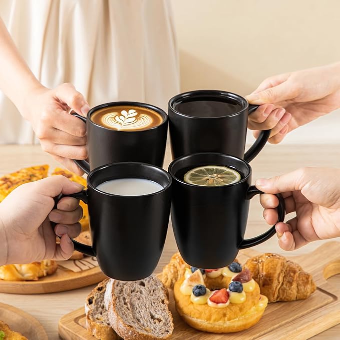 vancasso PLAYA Ceramic Coffee Mug Set of 6, 12 Oz Tea Cups with Handle for Latte, Tea, Cappuccino, Milk, Cocoa, Microwave&Dishwasher Safe, Black