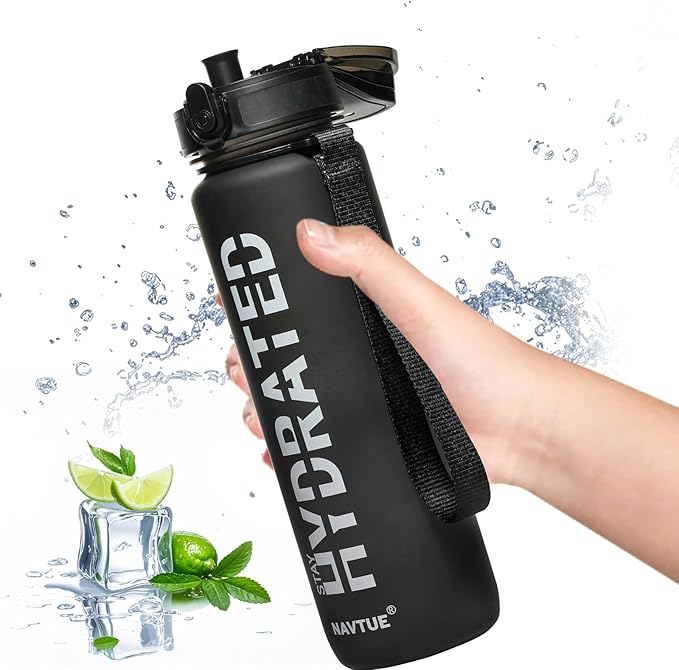 Water Bottle, 32oz Sports Water Bottles with Time Marker Wide Mouth, Motivational and Leakproof Drink Bottle, BPA Free Tritan with Carry Strap for Gym Fitness Outdoor (Direct Drink 1 Bottle)