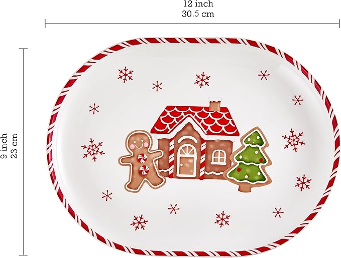 Bico Traditional Christmas Gingerbread Man Ceramic 16 inch plus 12 inch Ceramic Oval Platter, Set of 2, for Serving Turkey, Steak, Salad, Microwave & Dishwasher Safe