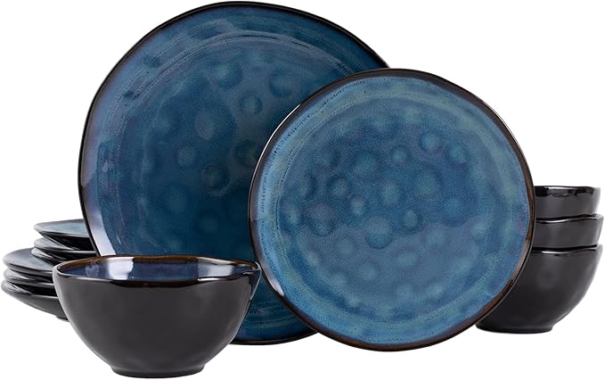 Dinnerware Set Blue 12 Pieces Service for 4, Stoneware Plates and Bowls Set Stoneware Set, Dishwasher Microwave Safe Dishes set