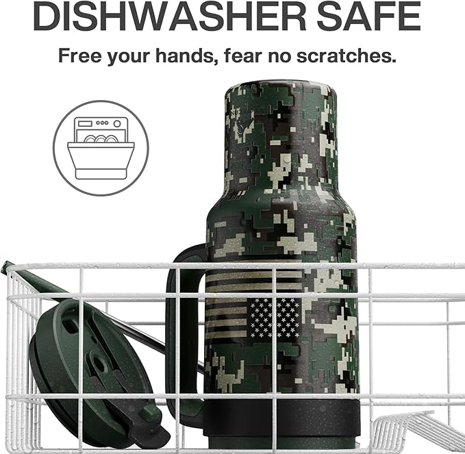 40 oz Camo Tumbler with Handle, 2-in-1 Straw and Sip Lid, Leakproof, Dishwasher Safe, Insulated Stainless Steel Travel Coffee Mug, Keeps Cold for 34 Hours, Fits in Car Cupholder (Woodland Flag)