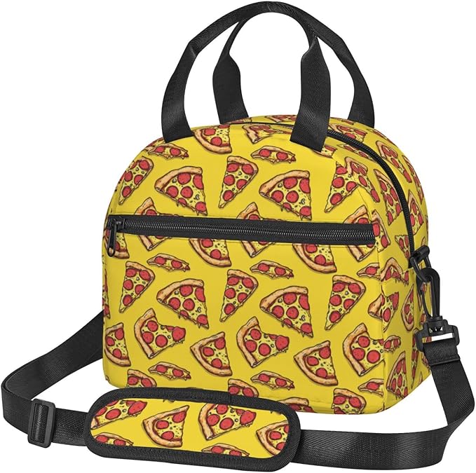 Pizza Reusable Insulated Lunch Box Waterproof Lunch Bag with Detachable and Adjustable Shoulder Strap for Office Picnic or Travel