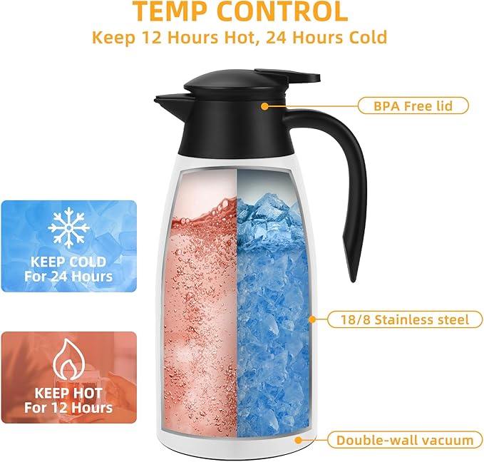 70oz Coffee Carafe Airpot Insulated Coffee Urn Stainless Steel Vacuum Thermal Pot Flask Dispenser for Coffee, Hot Water, Tea, Hot Beverage - Keep 12 Hours Hot, 24 Hours Cold -White