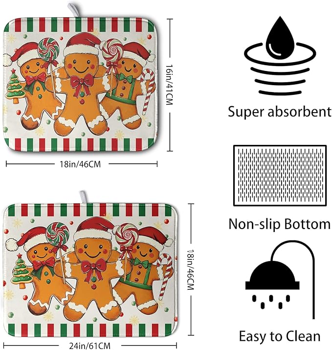 Christmas Dish Drying Mat Gingerbread Man Candy Cane Xmas Tree Drying Mats for Kitchen Counter Winter Holiday Dish Drainer Pad Absorbent Microfiber Dish Draining Mat 16x18 Inch