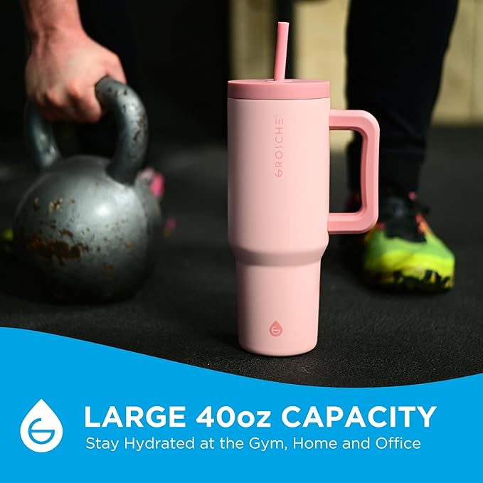 GROSCHE ASPEN 40 oz tumbler with handle and straw. Extreme insulation, classy design, built to last insulated stainless steel tumbler with handle, lid and straw - ROSE PINK