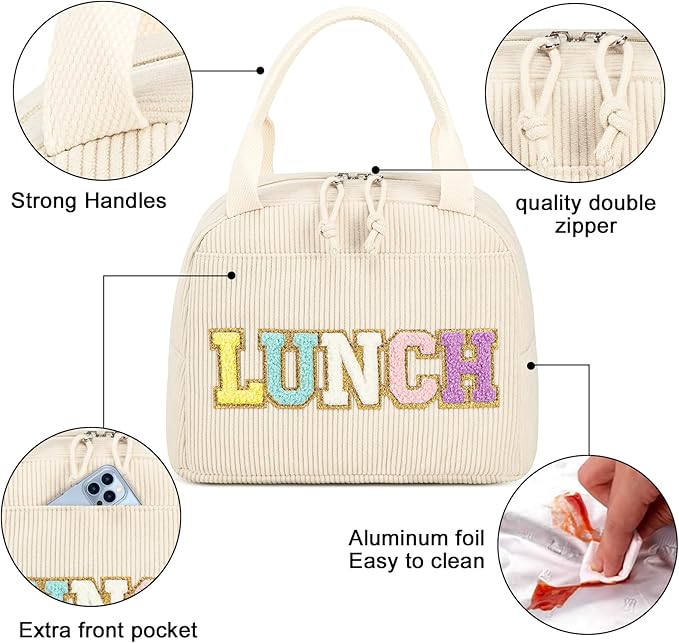 Bluboon Lunch Bag for Women Men Cute Corduroy Lunch Tote Bags Reusable Insulated Lunch Box Large Capacity Reusable Insulated Cooler for Work Picnic or Travel (Corduroy beige+lunch)