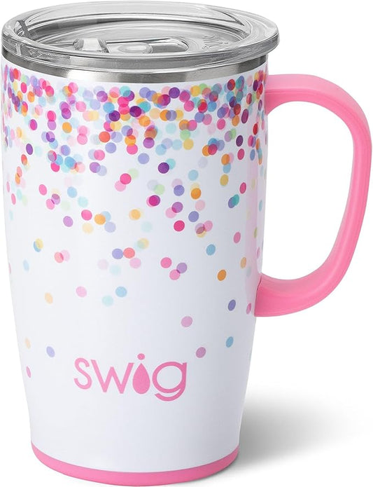 Swig Life 18oz Travel Mug, Insulated Tumbler with Handle and Lid, Cup Holder Friendly, Dishwasher Safe, Stainless Steel, Travel Coffee Cup, Glitter Tumbler, Glitter Gifts (Confetti)