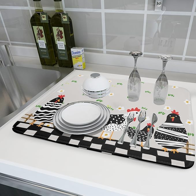 Black Rooster Dish Drying Mat for Countertop 18x24 Inches Buffalo Plaid Microfiber Drainer Rack Pads Fast Dry Dishes Mats Kitchen Accessories