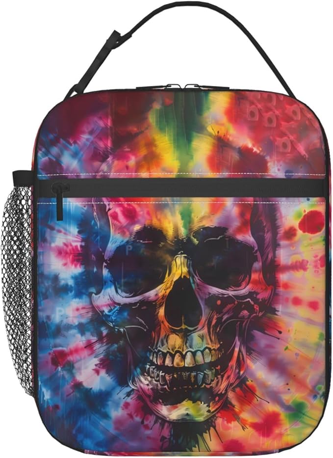 Reusable Tie Dye Lunch Box for Kids Girls Boys Women Adult, Insulated Skull Lunch Bag,Polyester Cooler Abstract Handbags Case for School Picnic Work Travel Beach or Hiking (Colorful)