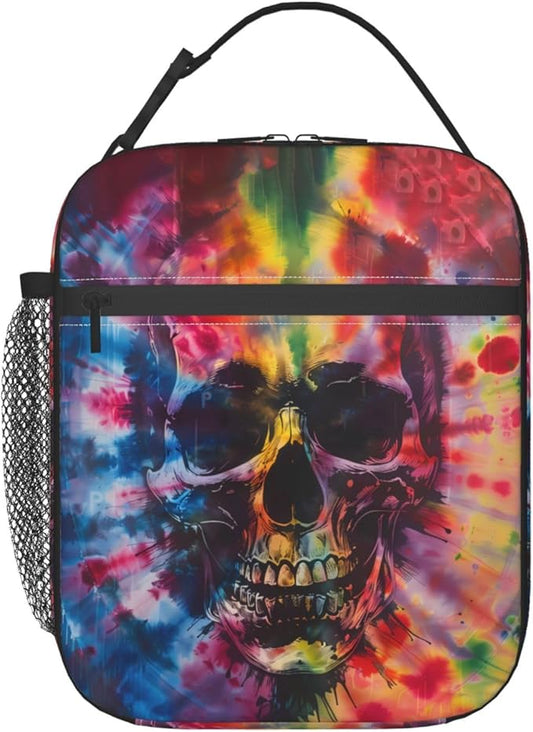 Reusable Tie Dye Lunch Box for Kids Girls Boys Women Adult, Insulated Skull Lunch Bag,Polyester Cooler Abstract Handbags Case for School Picnic Work Travel Beach or Hiking (Colorful)
