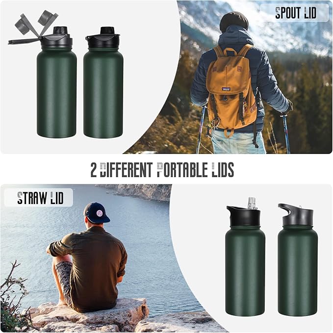 32 oz Insulated Water Bottle Bulk 8 Pack, Stainless Steel Sports Water Bottles with Straw Lid & Wide Mouth Lids, Double Walled Vacuum, Leak Proof, Dark Green
