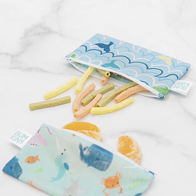 Bumkins Reusable Snack Bags, for Kids School Lunch and for Adults Portion, Washable Fabric, Waterproof Cloth Zip Bag, Supplies Travel Pouch, Food-Safe Storage, 2-pk Blue Ocean Life