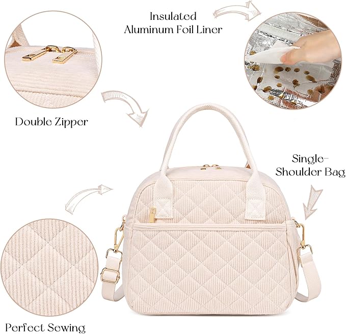 CAMTOP Lunch Box for Women Insulated Lunch Bag Lunchbox Cooler Thermal Leakproof Quilted Reusable Lunch Tote Bag for Work School Travel Picnic (Z-Beige)