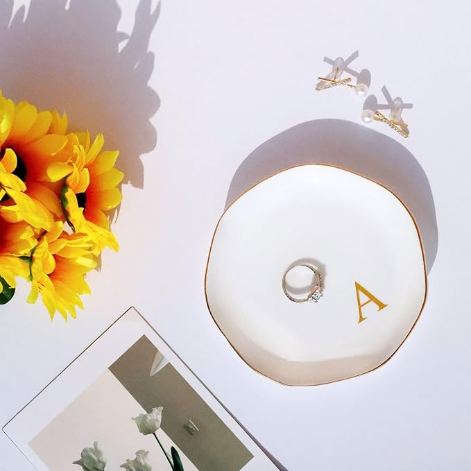 Ceramic Jewelry Tray Initial Ring Dish Personalized A-Monogrammed Engagement Wedding Gifts, for Birthday Mother's Day Christmas for Women, Ceramic White 4.75" (A)