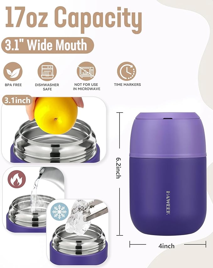 17oz Soup Thermo for Hot Food Adults Insulated Food Jar Thermo Hot Food Lunch Container Wide Mouth Stainless Steel Lunch Box for Kids with Folding Spoon Cleaning Brush Purple
