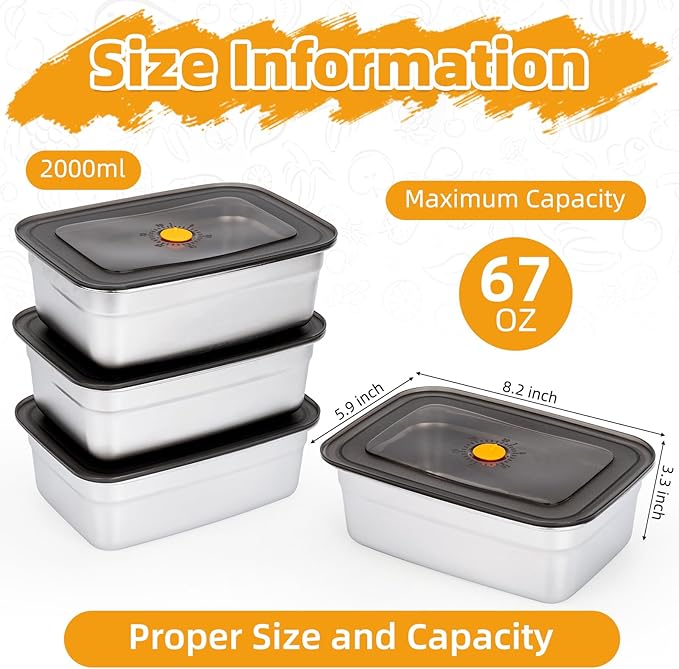 4 PCS Stainless Steel Food Storage Containers(67oz) with Lids Leak Proof & Airtight | Stainless steel freezer Containers,Airtight Bento Lunch Box,For Meal Prep,Fruit,Snack,Freezer