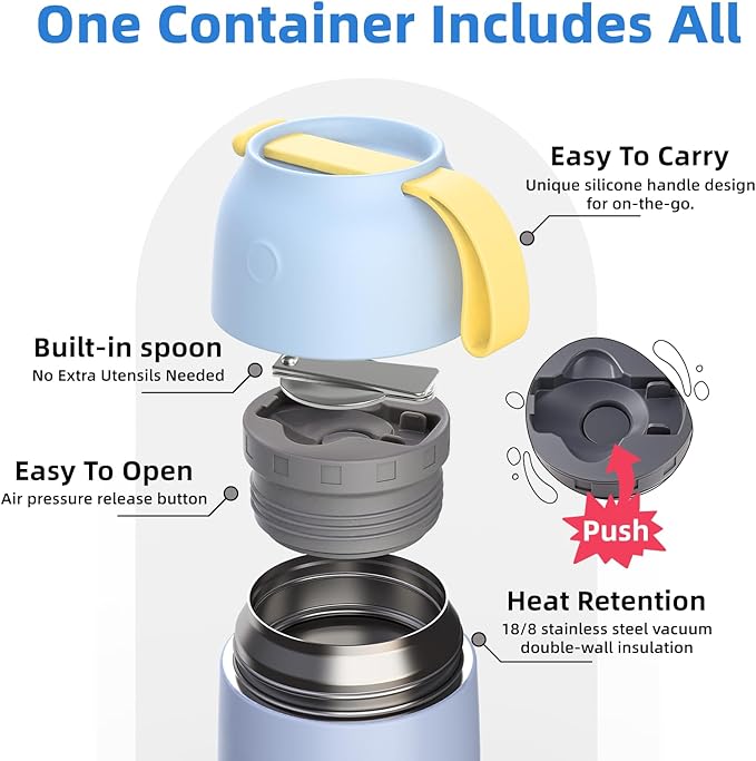 Thermo for Hot Food for Adults Kids | Wide Mouth, 26 oz Insulated Food Jar with Spoon, Leakproof Soup Thermo for School Office Travel, Thermal Steel Lunch Container Easy to Carry (Light Blue)