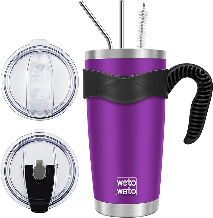 WETOWETO 20oz Tumbler with 2 lids and 2 straws, Stainless Steel Vacuum Insulated Water Coffee Tumbler Cup, Double Wall Powder Coated Spill-Proof Travel Mug Thermal Cup (Purple, 1 Pack)
